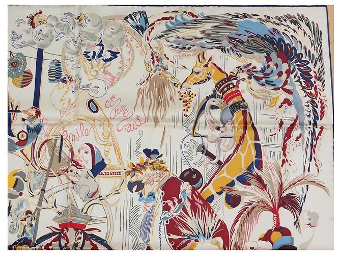 Hermès Sciarpa Hermes Emile et Une Nuit 90 cm seta crema beige Carre night animal 35" AUC57717_0702 - vista 3