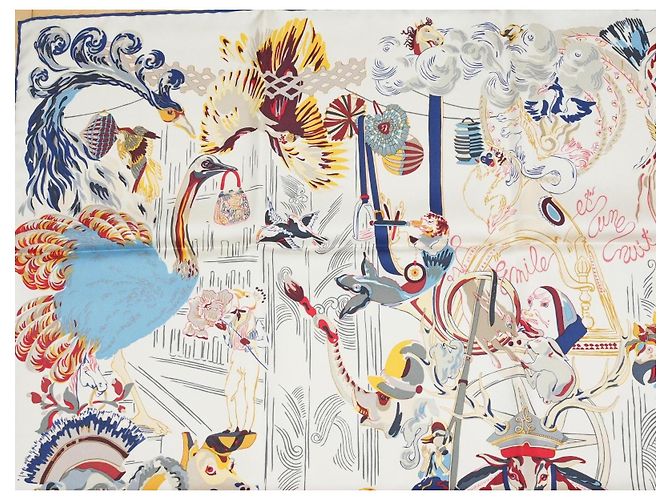 Hermès Sciarpa Hermes Emile et Une Nuit 90 cm seta crema beige Carre night animal 35" AUC57717_0702 - vista 4