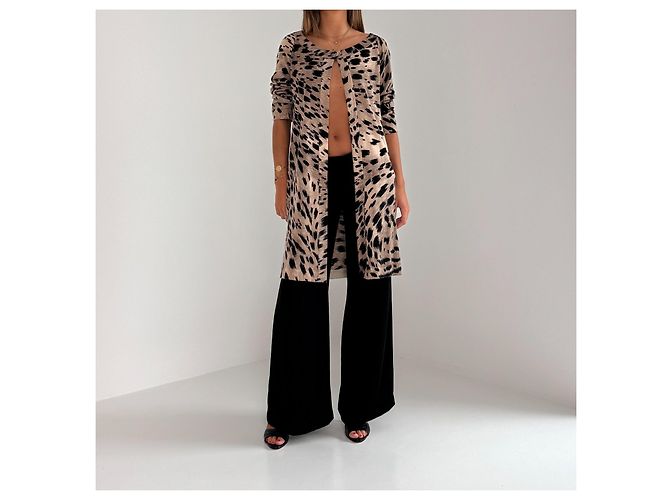 Autre Marque Langer Cardigan aus 100% Kaschmir von Leonard Paris – Animal Print Schwarz Beige - Ansicht 2