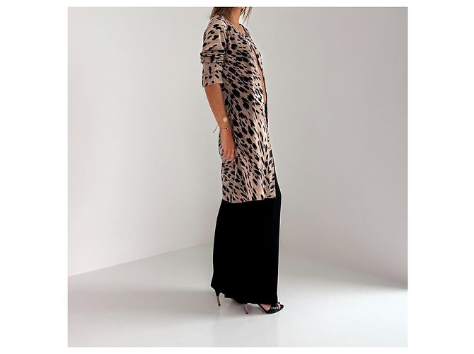 Autre Marque Langer Cardigan aus 100% Kaschmir von Leonard Paris – Animal Print Schwarz Beige - Ansicht 4