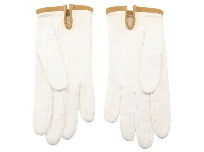Hermès Hermes Lederhandschuhe mit Paspelierung für Damen Braun Weiß Khaki - Ansicht 2