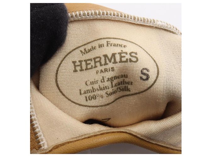 Hermès Hermes Lederhandschuhe mit Paspelierung für Damen Braun Weiß Khaki - Ansicht 3