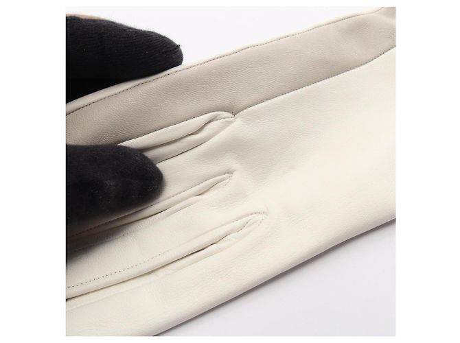 Hermès Hermes Lederhandschuhe mit Paspelierung für Damen Braun Weiß Khaki - Ansicht 5