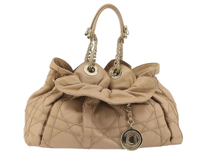 Borsa con coulisse e catena Christian Dior in pelle beige e oro Auth BA13968A D'oro - vista 13