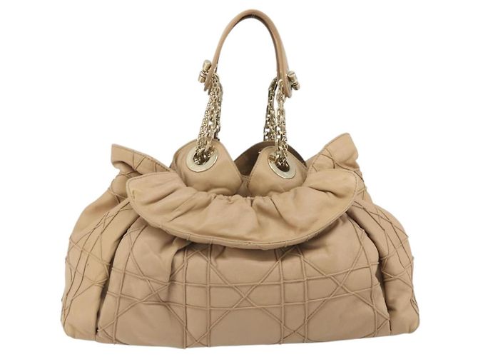 Borsa con coulisse e catena Christian Dior in pelle beige e oro Auth BA13968A D'oro - vista 2