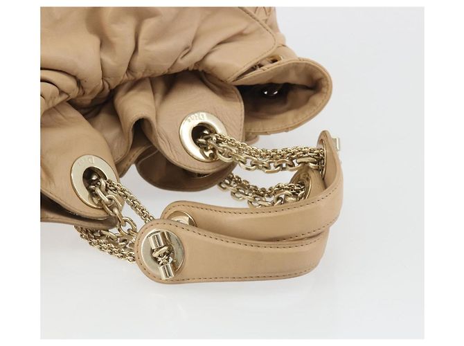 Borsa con coulisse e catena Christian Dior in pelle beige e oro Auth BA13968A D'oro - vista 7