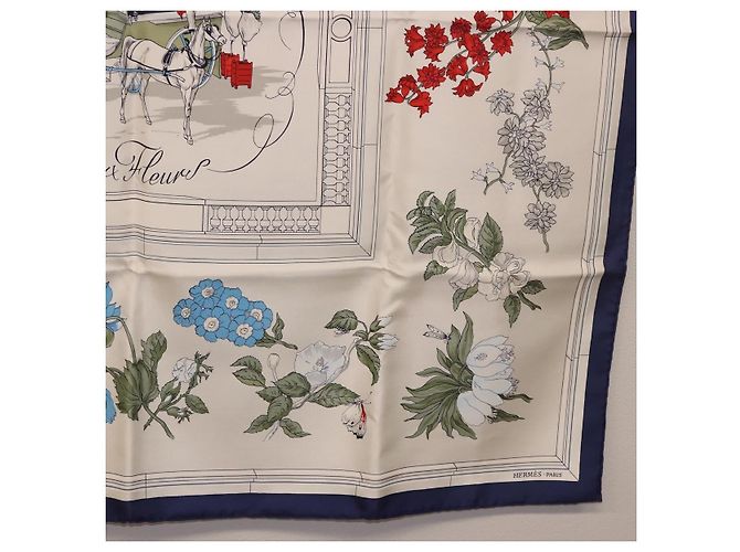 Hermès HERMES Carré 90 Sciarpa "Quai aux Fleurs" Seta Blu Bianco Auth 186912M - vista 10