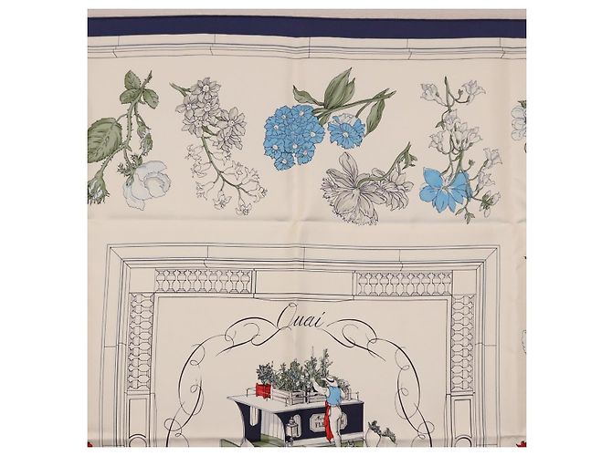 Hermès HERMES Carré 90 Sciarpa "Quai aux Fleurs" Seta Blu Bianco Auth 186912M - vista 3