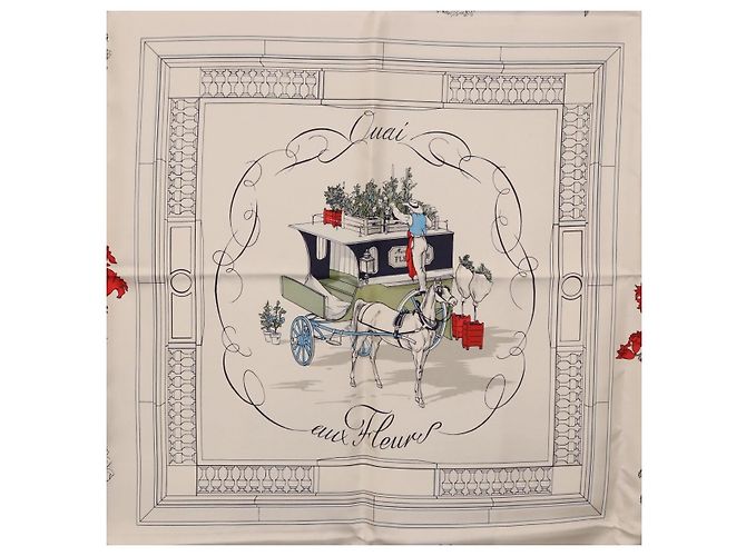 Hermès HERMES Carré 90 Sciarpa "Quai aux Fleurs" Seta Blu Bianco Auth 186912M - vista 6