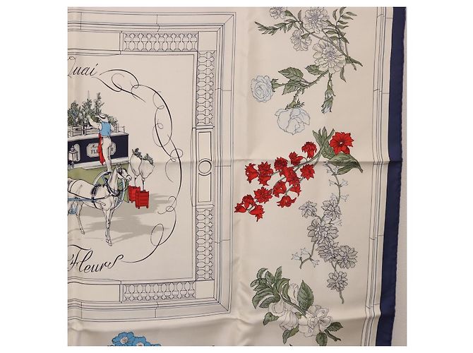 Hermès HERMES Carré 90 Sciarpa "Quai aux Fleurs" Seta Blu Bianco Auth 186912M - vista 7