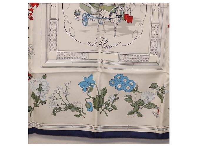 Hermès HERMES Carré 90 Sciarpa "Quai aux Fleurs" Seta Blu Bianco Auth 186912M - vista 9