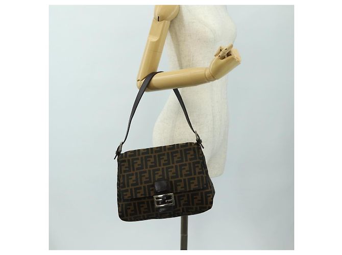 FENDI Zucca Canvas Mamma Baguette Bolsa de Ombro Preto Marrom Auth 191291SAV - vista 26