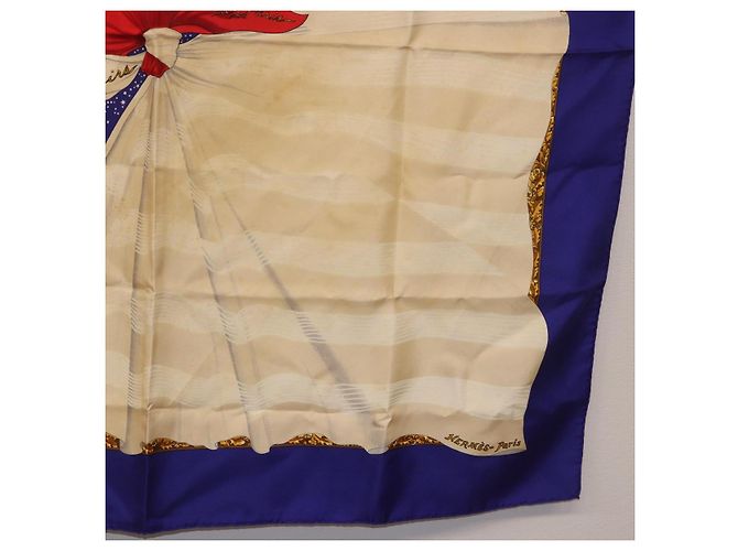 Hermès HERMES Carré 90 Foulard "Souvenirs de Paris" Seta Blu Beige Auth 191677 - vista 10
