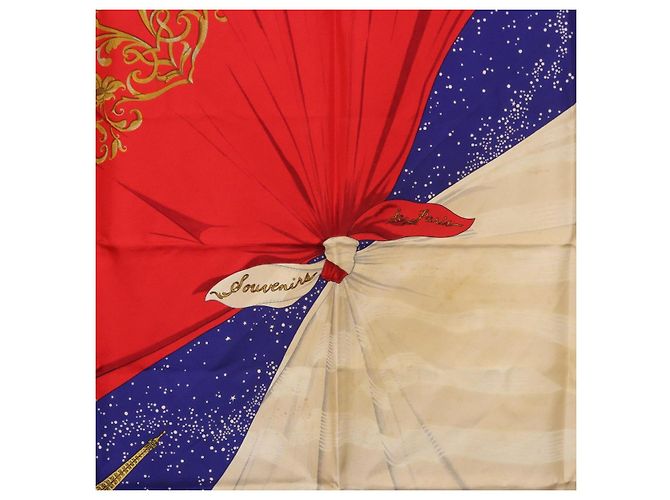 Hermès HERMES Carré 90 Foulard "Souvenirs de Paris" Seta Blu Beige Auth 191677 - vista 6