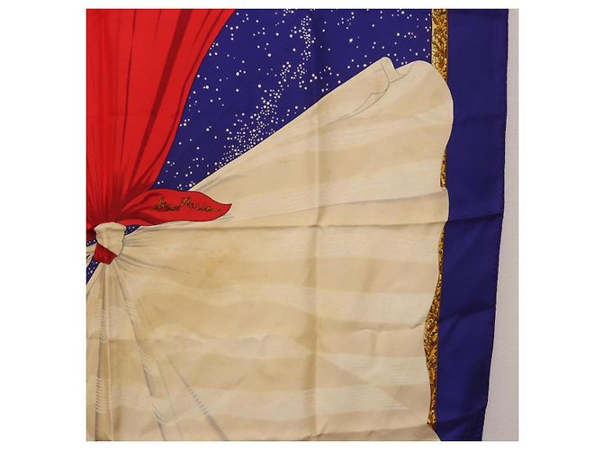 Hermès HERMES Carré 90 Foulard "Souvenirs de Paris" Seta Blu Beige Auth 191677 - vista 7