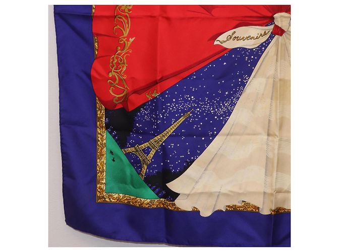 Hermès HERMES Carré 90 Foulard "Souvenirs de Paris" Seta Blu Beige Auth 191677 - vista 8