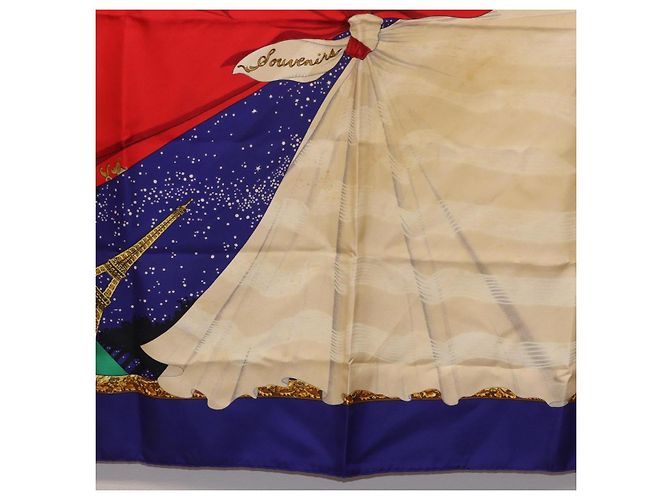 Hermès HERMES Carré 90 Foulard "Souvenirs de Paris" Seta Blu Beige Auth 191677 - vista 9