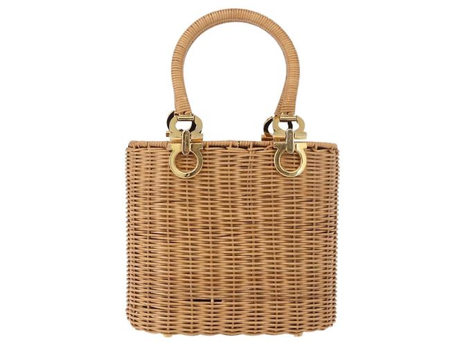 Borsa Salvatore Ferragamo Rattan Gancini Marrone Oro Auth 191683V D'oro - vista 13