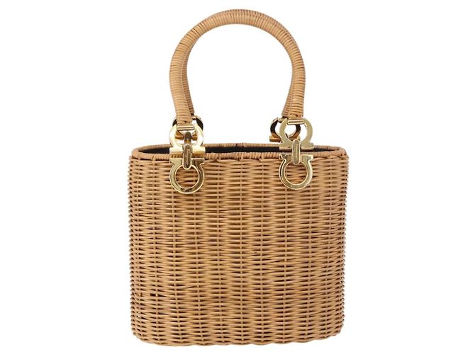 Borsa Salvatore Ferragamo Rattan Gancini Marrone Oro Auth 191683V D'oro - vista 3