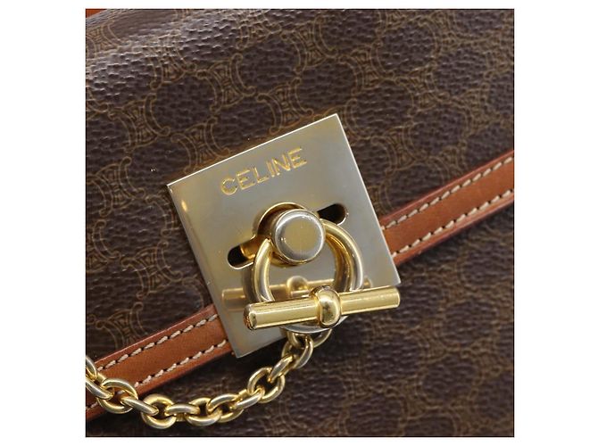 Céline Borsa CELINE Macadam Canvas PVC Pelle Marrone Oro Auth mr2642 D'oro - vista 18