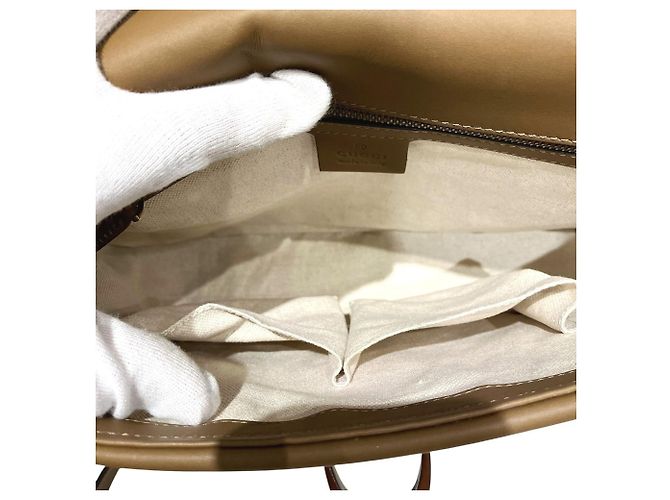 Borsa a Spalla Gucci Derby in Tela e Pelle Crudo Cammello - vista 6