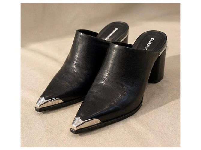 Mules Alexander Wang en cuir noir avec bout métallique - vue 3