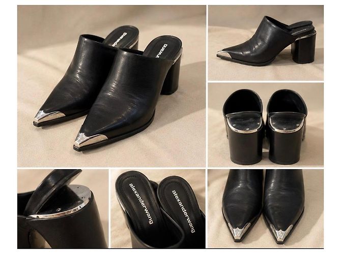 Mules Alexander Wang en cuir noir avec bout métallique - vue 8