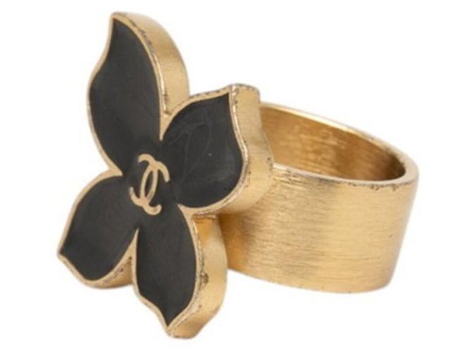 Chanel Coco Mark Flower Motif Ring Schwarz Golden - Ansicht 2