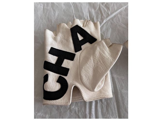 Chanel fingerlose Lammleder-Handschuhe Weiß Schwarz - Ansicht 5