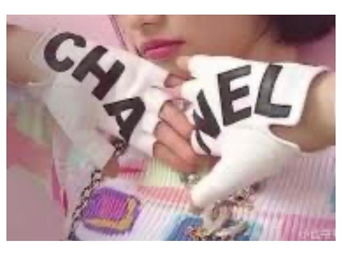 Chanel fingerlose Lammleder-Handschuhe Weiß Schwarz - Ansicht 8