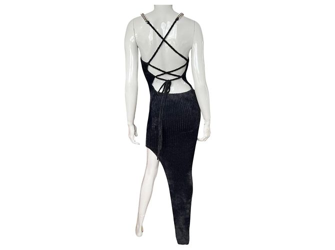 David Koma Schwarzes Strickkleid asymmetrisch mit Ketten-Detail - Ansicht 10