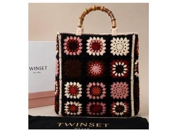 Autre Marque Twinset Borsa in Crochet con Manico in Bambù Marrone Nero Rosa Bianco - vista 2