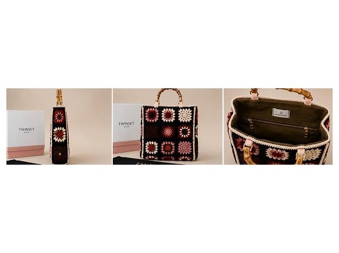 Autre Marque Twinset Borsa in Crochet con Manico in Bambù Marrone Nero Rosa Bianco - vista 3