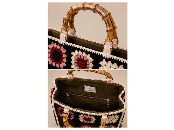 Autre Marque Twinset Borsa in Crochet con Manico in Bambù Marrone Nero Rosa Bianco - vista 5