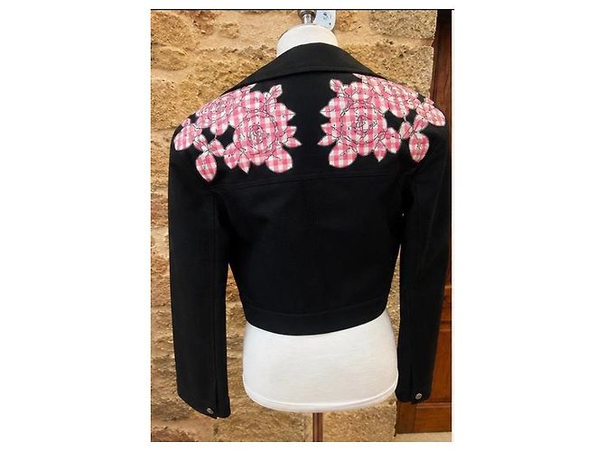 Carven Archive 2014 Cropped Jacke mit Blumenapplikation Schwarz Pink - Ansicht 3