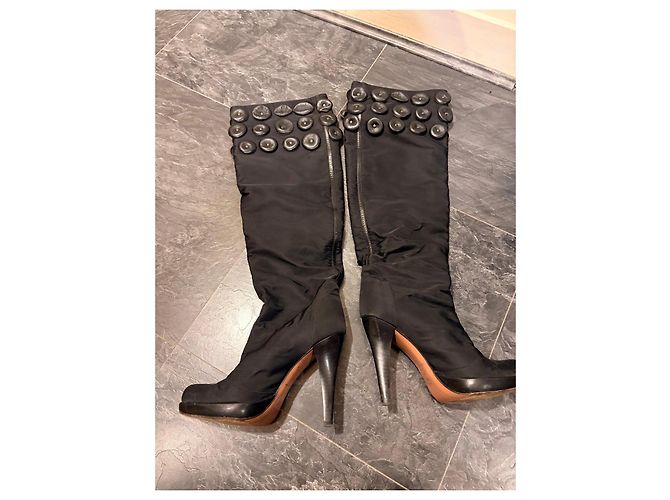 Autre Marque Black Fabric High-Heel Boots with Leather Studs - view 5