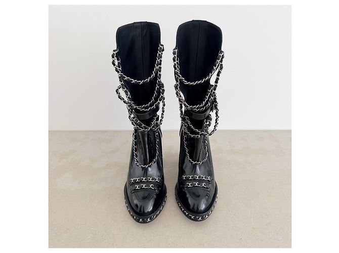 Chanel Chain Obsession Boots Schwarz Gebürstetes Leder Fall 2013 - Ansicht 3