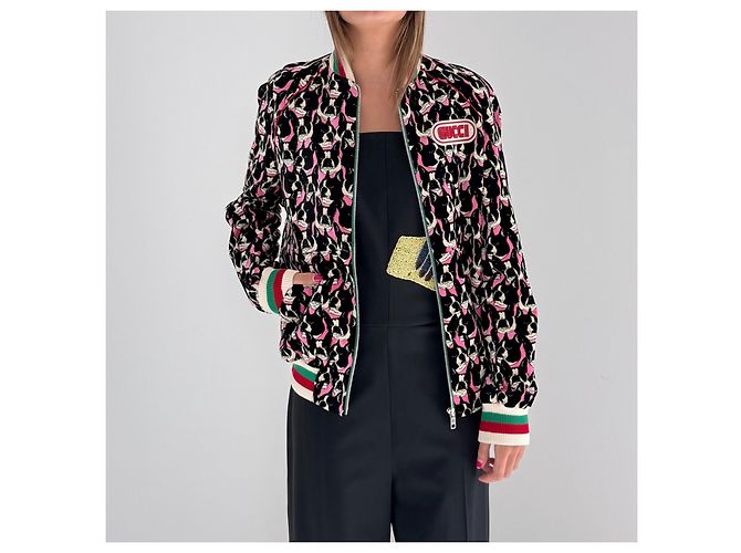 Giacca Bomber Gucci Stampa Boston Terrier Alessandro Michele Nero Rosa Bianco - vista 2