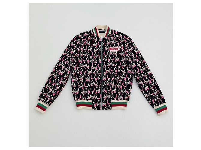 Giacca Bomber Gucci Stampa Boston Terrier Alessandro Michele Nero Rosa Bianco - vista 3