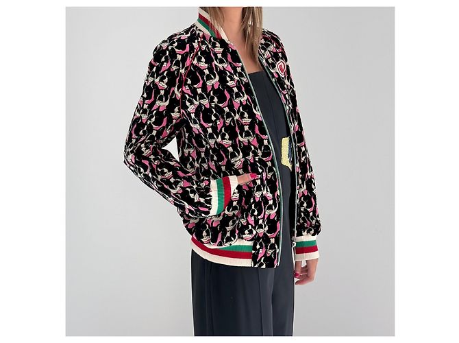 Giacca Bomber Gucci Stampa Boston Terrier Alessandro Michele Nero Rosa Bianco - vista 5