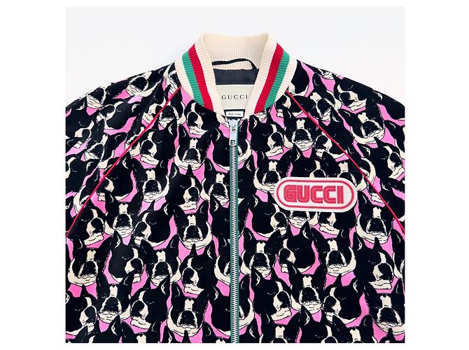 Giacca Bomber Gucci Stampa Boston Terrier Alessandro Michele Nero Rosa Bianco - vista 6