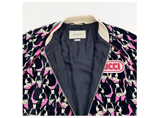 Giacca Bomber Gucci Stampa Boston Terrier Alessandro Michele Nero Rosa Bianco - vista 7
