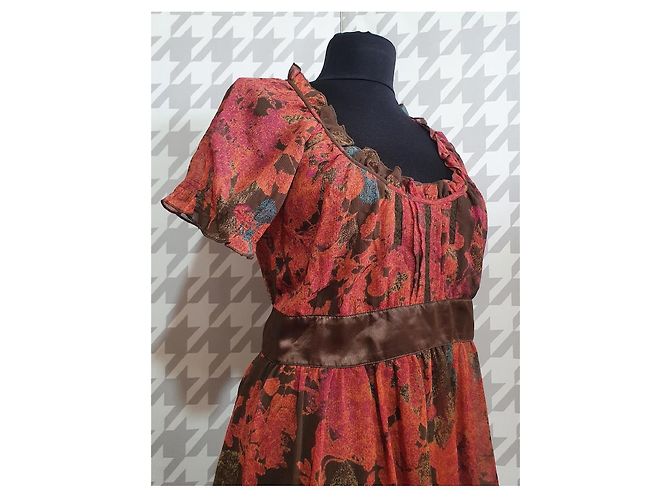 DKNY JEANS Mini-Kleid mit Blumenprint und brauner Schärpe Pink Rot Blau - Ansicht 2