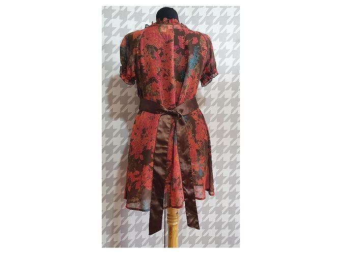 DKNY JEANS Mini-Kleid mit Blumenprint und brauner Schärpe Pink Rot Blau - Ansicht 3