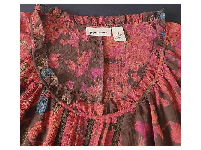 DKNY JEANS Mini-Kleid mit Blumenprint und brauner Schärpe Pink Rot Blau - Ansicht 4