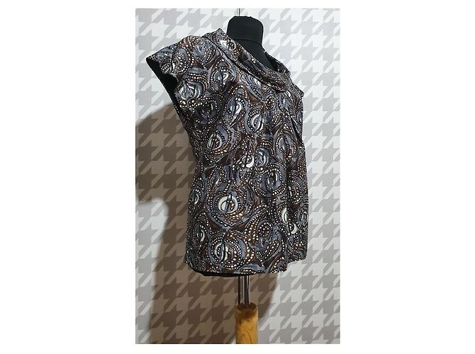 Tibi Top de seda estampado paisley cuello drapeado Castaño Blanco Gris - Ansicht 3