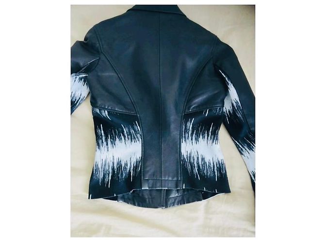 Versace Collection Lederbikerjacke mit abstraktem Print Schwarz Weiß - Ansicht 2