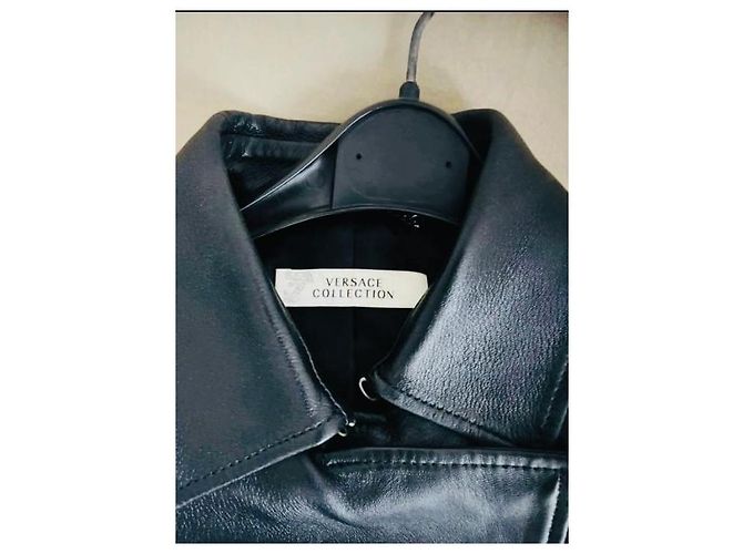 Versace Collection Lederbikerjacke mit abstraktem Print Schwarz Weiß - Ansicht 3