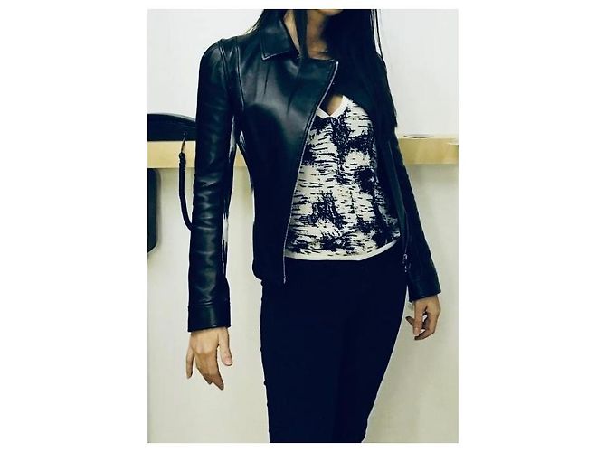 Versace Collection Lederbikerjacke mit abstraktem Print Schwarz Weiß - Ansicht 6