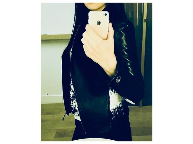 Versace Collection Lederbikerjacke mit abstraktem Print Schwarz Weiß - Ansicht 7